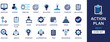 © MDRUHULAMIN - Action plan best solid icon set collection. Monitor, assign, timeline, target, solution, achieve, purpose, valuation, group and vector illustration.