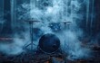 © khanifah - Drum kit on stage, drum musical instrument in the spotlight color on a dark background with smoke effect