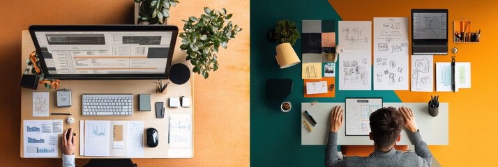 Leinwandbilder - A clean workspace with technology on one side contrasts with an artistic setup featuring sketches and designs on the other side. Generative AI