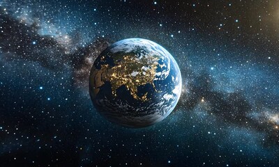 A stunning view of Earth from space, showcasing illuminated continents against a backdrop of stars and the Milky Way galaxy, emphasizing the beauty of our planet in the cosmos.