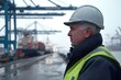 © Lumora - Professional worker in safety gear observes operations at a busy industrial port during a rainy day, surrounded by shipping containers and cranes in the background.