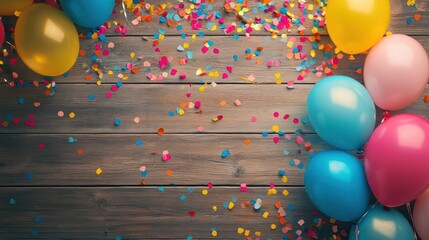 Wall Mural - Colorful Balloons and Confetti on Wooden Background