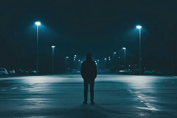 Aufkleber - A lone person appears on an empty street, illuminated by streetlights, surrounded by shadows in a dark urban setting. Generative AI