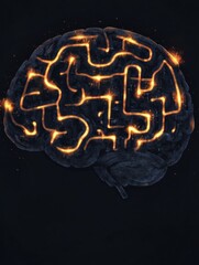 Fototapete - A brain-shaped labyrinth with glowing paths symbolizes intricate thinking and exploration. Generative AI