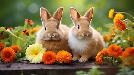 Pair of Adorable Bunnies Sitting Together in Lush Floral Garden