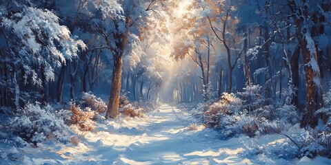 Wall Mural - a serene winter landscape with snow-covered trees and soft light filtering through.