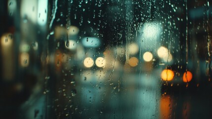 Aufkleber - Raindrops streak down a glass pane, obscuring the view of an empty street illuminated by distant city lights at night. Generative AI