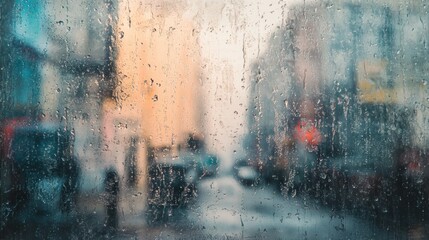 Aufkleber - Water droplets cling to the window, blurring the view of a deserted street in the city, providing a tranquil atmosphere for reflection. Generative AI