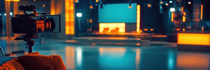 Poster - A professional studio setting showcases a camera capturing an interview, highlighting innovative media technologies in an engaging environment. Generative AI