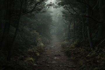 Leinwandbilder - A narrow pathway cuts through lush greenery, inviting exploration into the dense woods filled with shadows and tranquility. Generative AI
