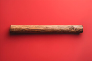 Dark brown wooden cylinder on red background.