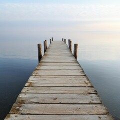  Serene Wooden Pier Extending into Calm Water Under Soft Cloudy Sky at Dawn, Perfect for Tranquil Landscape Photography and Nature Themes