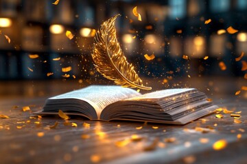 Poster - A magical editor quill glowing with golden light as it corrects a floating scroll, surrounded by books that rearrange themselves in mid-air