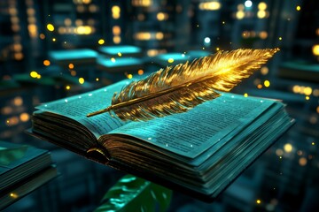 Poster - A magical editor quill glowing with golden light as it corrects a floating scroll, surrounded by books that rearrange themselves in mid-air