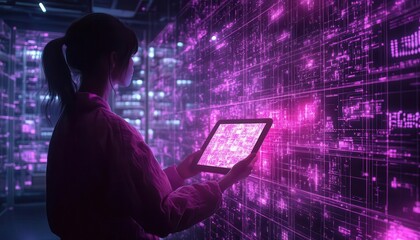 A worker guiding inventory placement with a glowing tablet displaying layout grids, shelves towering in the background