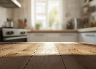 Empty wooden table in blurred bright kitchen.