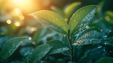Poster - Sunlight filters through lush green tea plants, highlighting fresh leaves adorned with dew drops. A tranquil morning at a vibrant plantation welcomes a new day.