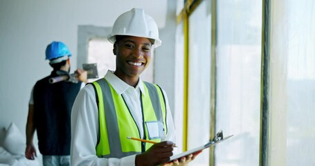 Aufkleber - Face, black woman and smile with tablet at construction site for inspection, quality control or maintenance. Female person, employee and happy with pride for infrastructure development project
