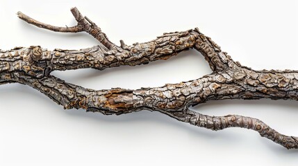 Weathered, contorted tree branch with textured bark isolated on white.