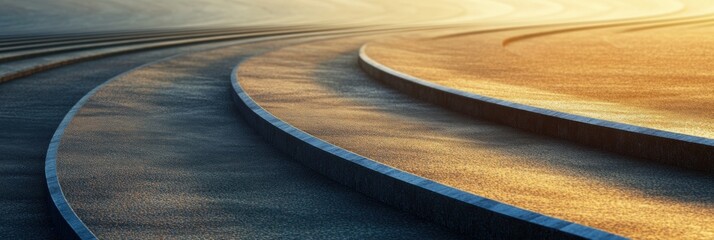 Poster - A curved running track leads into the horizon, revealing well-defined lanes bathed in warm, golden sunset light. Generative AI