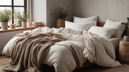 Wall Mural - A cozy, unmade bed with white sheets and pillows, showcasing a natural, messy arrangement. The soft textures and folds of the fabric create a realistic and inviting aesthetic.