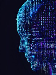 Fototapete - A glowing digital brain design displays intricate blue and purple grids and binary code, ideal for technology-themed textual content. Generative AI