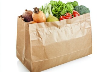 Wall Mural - Fresh produce in a brown paper grocery bag isolated on white.