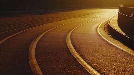 Poster - A smooth, curved running track leads into the distant sunset, creating a serene atmosphere for runners and athletes. Generative AI