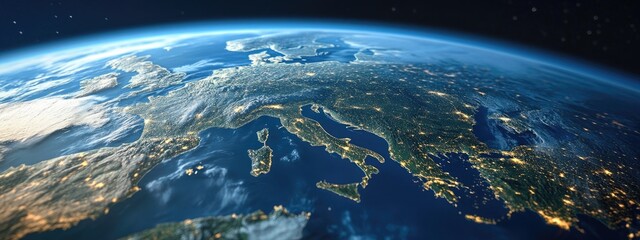 global image, part of europe, metropolis, space, business results, blue background