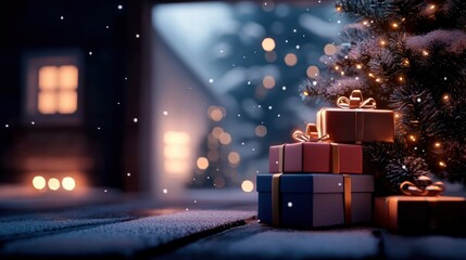 Wall Mural - festive christmas gifts under a snowy tree