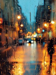 Aufkleber - Raindrops cling to a window while an empty street glows with blurred lights, creating a tranquil atmosphere ideal for reflection. Generative AI