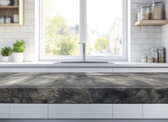 Dark wood kitchen counter top with blurred background of white kitchen and window.