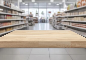 Empty light wooden table in blurred supermarket aisle.