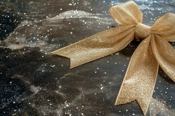 Aufkleber - Golden ribbon shaped into a bow rests gracefully on shimmering surface, ideal for festive New Year decorations and branding opportunities. Generative AI