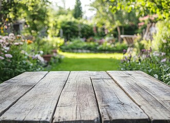 Wall Mural - rustic wooden table in a vibrant garden.