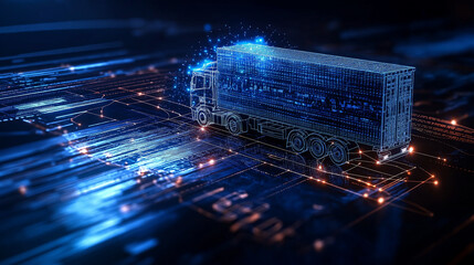 Poster - digital representation of truck in futuristic supply chain environment, showcasing IoT technology and data flow. image conveys innovation and connectivity in logistics