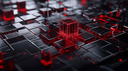 Aufkleber - abstract visualization of quantum bits (qubits) in digital environment, showcasing intricate patterns and glowing red elements. composition evokes sense of advanced technology and innovation