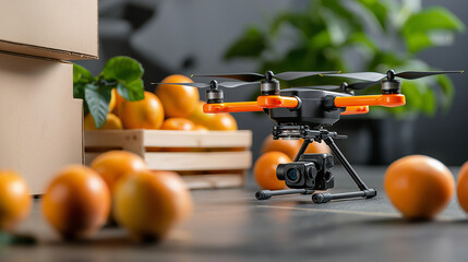 Leinwandbilder - advanced agricultural drone scanning oranges in fruit farm setting, showcasing modern technology in agriculture. vibrant oranges and greenery enhance scene freshness