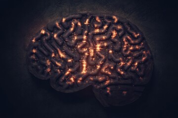 Fototapete - A human brain resembles a labyrinth with lit pathways, symbolizing creativity and exploration, inviting deeper contemplation. Generative AI