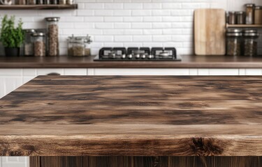 Rustic wooden kitchen counter top with blurred background.