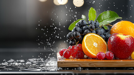 Aufkleber - Freshly washed fruits like apples, oranges, grapes, and berries glisten with dew, showcasing vibrant colors and textures, creating refreshing and appetizing display