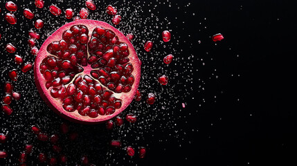 Aufkleber - Juicy pomegranate seeds spilling out of halved fruit, creating vibrant display against dark background. sparkling droplets enhance freshness and appeal of this delicious fruit