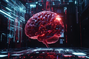 Aufkleber - A digital brain intertwines with AI circuits and holographic projections, symbolizing the fusion of human intelligence and technology. Generative AI
