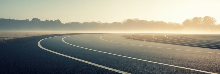 Aufkleber - A wide curved running track stretches into the distance, bathed in gentle morning light, creating an inviting atmosphere for athletes. Generative AI