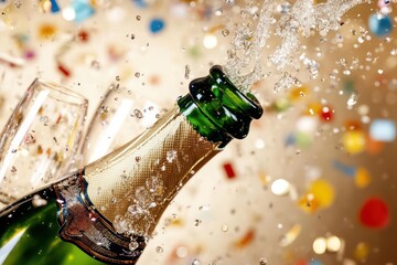 A close-up of a champagne bottle being opened, with sparkling bubbles pouring into flutes, surrounded by party decorations and confetti in the background.