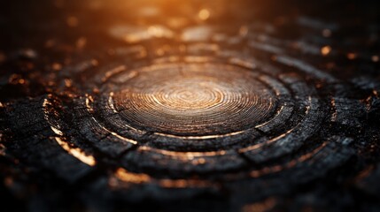 Sticker - Dark wood texture with concentric rings and warm light.