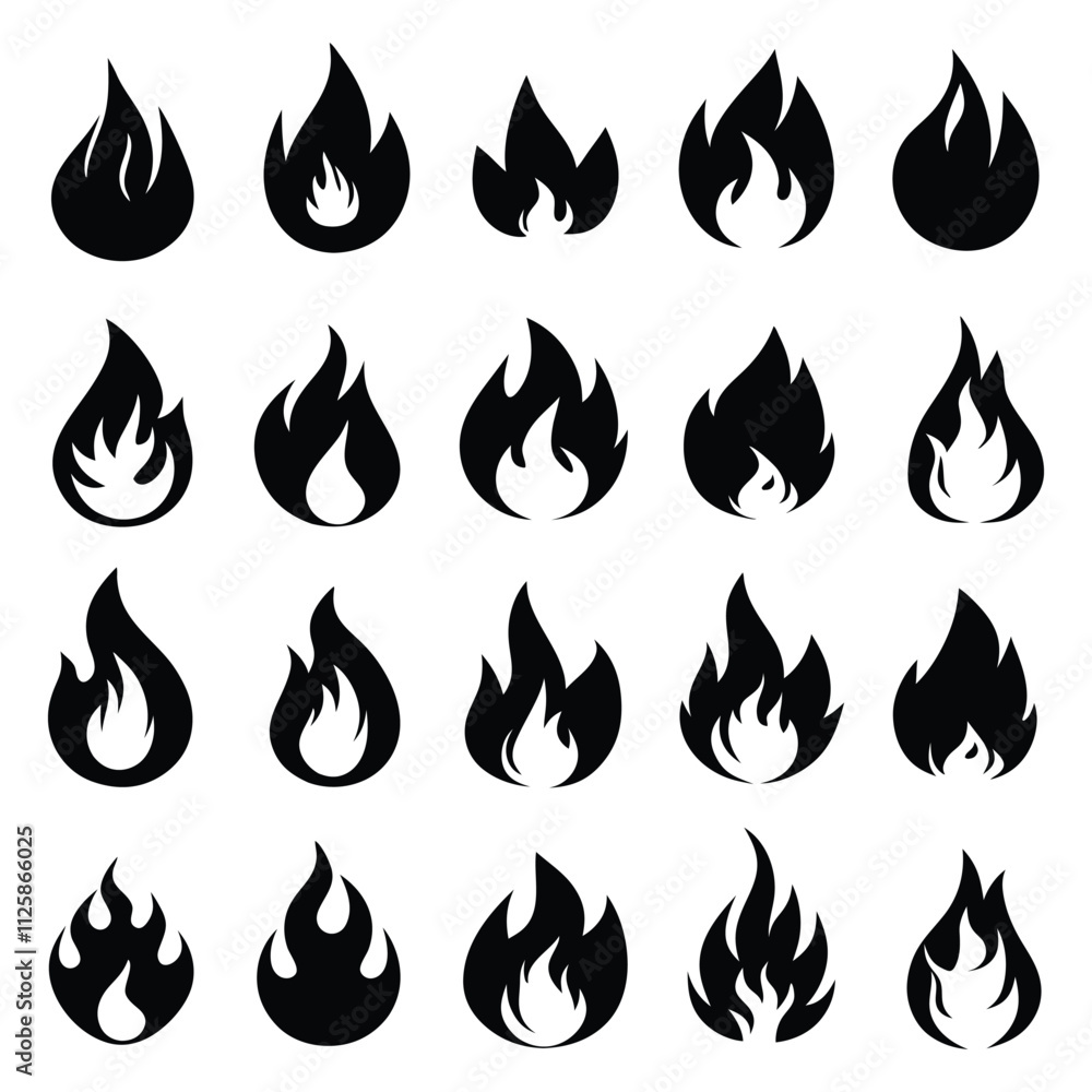Set of Fire Vector Flames Icons - Black Silhouette Fire Symbols. Stock ...