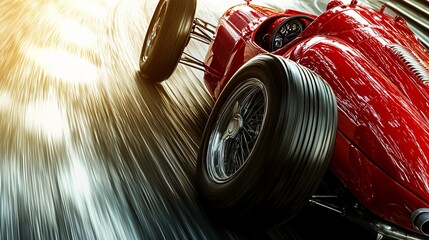 Canvas Print - Red classic race car speeding on track, motion blur.