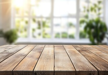 Wall Mural - empty wooden table top against blurred window background.