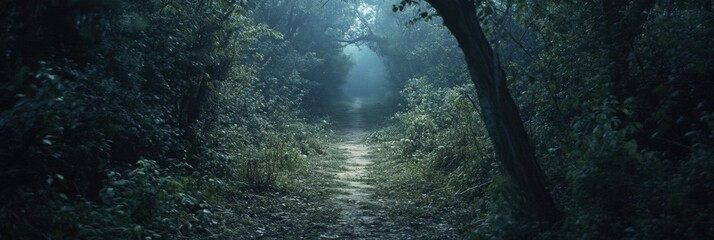 Aufkleber - A winding forest pathway leads into thick woods, creating a sense of adventure and mystery under soft morning light. Generative AI